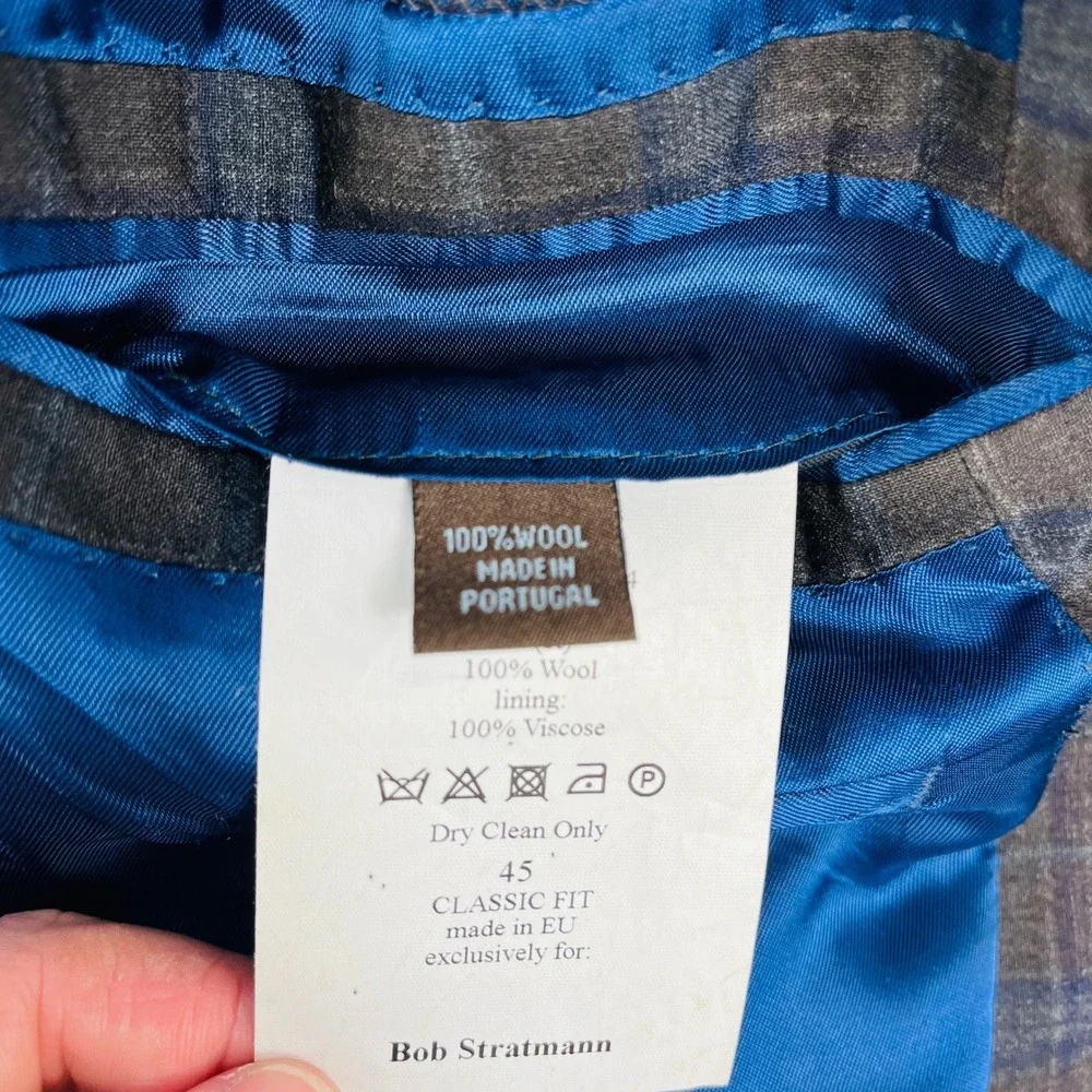 J. Hilburn Guabello Wool‎ Blazer Mens 45R Brown Blue Plaid Sport Coat Portugal